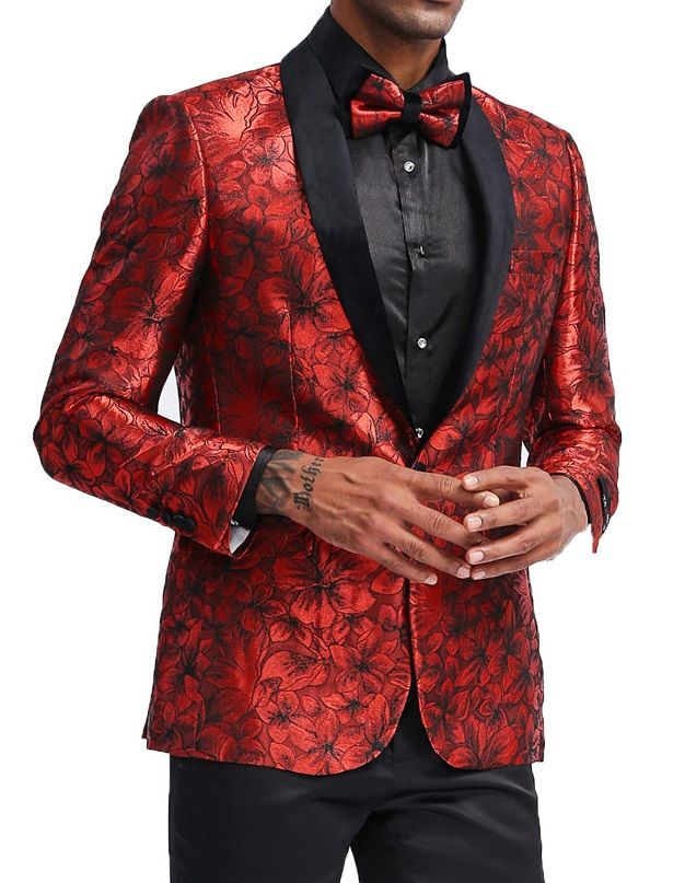Men's Red Flower Prom Jacket Matching Bow Tie Tazio MJ336-2 - Slim Fit Boss